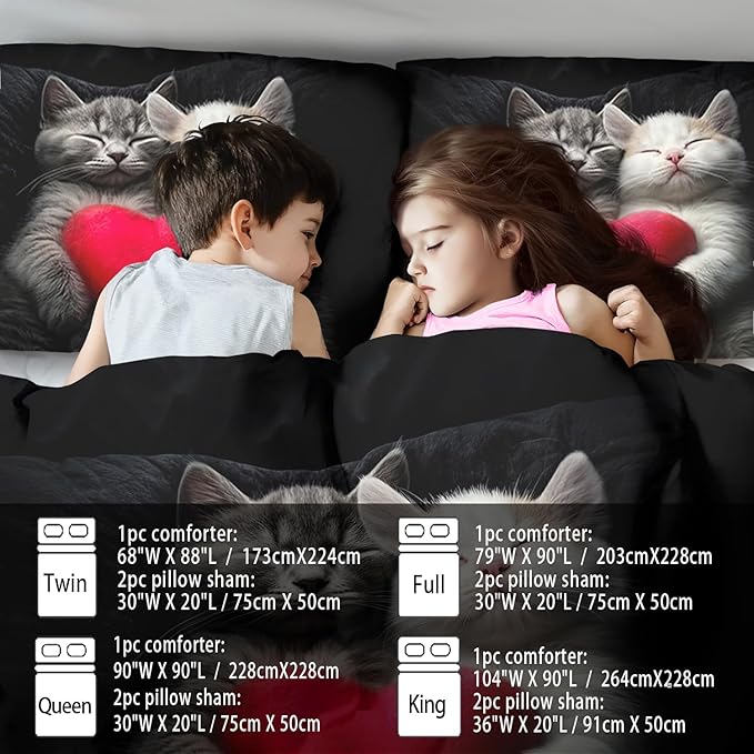 Cute Cat Comforter Set King,Kawaii Cat Bedding Set for Girls,Cute Animal Comforter Red Love Heart Bedding Decor,Kawaii Farm Animal Quilt Patterns Kids and Adults