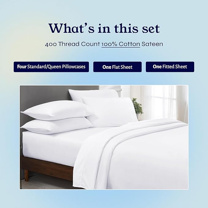 California Design Den 6 Pc Queen Size Sheet Set with 4 Pillowcases - Soft 400 Thread Count 100% Cotton Sheets, Sateen, Deep Pockets with All Around Elastic, Durable Bedding Set - White CaliforniaDesignDen