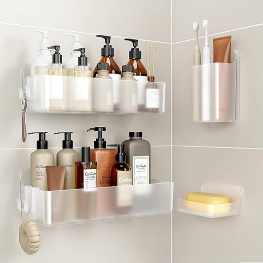 Orimade Shower Caddy 4-Pack, No-Drill Adhesive Shelves for Bathroom, Rustproof ABS Storage Organizer Set, Clear