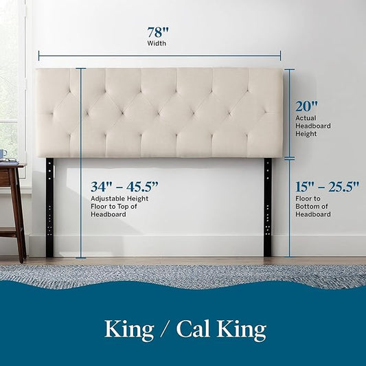 Lucid Mid-Rise Upholstered Headboard - Diamond Tufted - Padded Polyester - Adjustable Height from 34” to 46” - Easy Assembly - Bed Frame or Wall Mount - Sturdy - Pearl - King / Cal King Size