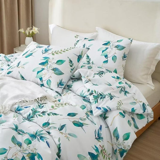 MKXI Rustic Floral Comforter Set White and Blue Full Size Botanical Bedding Comforters Branch Floral Duvet Lightweight Turquoise Leaves Pattern Aesthetic Bed Set 1 Comfortert + 2 Pillowcases