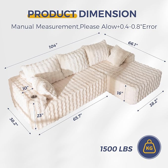 MAXYOYO 104" Modular Sectional Couch with L-Shape Chaise, Modern Boneless Couch for Living Room, Sofa in A Box, Faux Fur Sofa Sleeper with Deep Seat, No Assembly Required, Beige