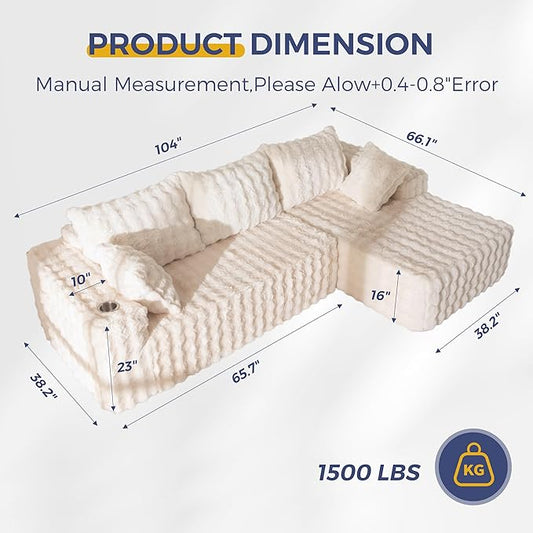 MAXYOYO 104" Modular Sectional Couch with L-Shape Chaise, Modern Boneless Couch for Living Room, Sofa in A Box, Faux Fur Sofa Sleeper with Deep Seat, No Assembly Required, Beige