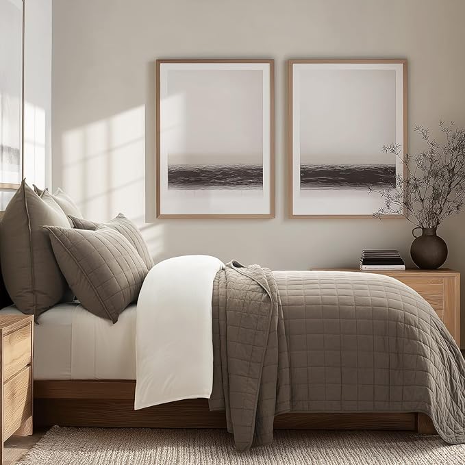 EVERGRACEHOME 100% Cotton Box Stitch Quilt Bedding Set King Size 3 Pieces, Garment-Washed Lightweight Soft Cozy Coverlet, Oversized Quilted Bedspread Sets with 2 Shams for All Season, Mocha Brown