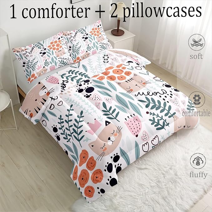 CVHOUSE Cat Bedding,Cartoon Cat Comforter Full,Animals Print Comforter Set for Kids,Kawaii Quilt Set with 1 Comforter and 2 Pillow Cases
