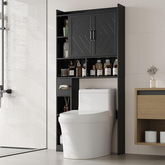 MHOM 67.8" H Over The Toilet Storage Cabinet with Adjustable Shelves & Toilet Paper Holder, Farmhouse Over Toilet Bathroom Organizer, Double Door Toilet Cabinet for Bathroom, and Laundry, Black