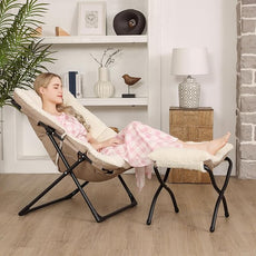 Comfy Saucer Chair for Adults, Soft Faux Fur Bedroom Chair with Ottoman, Accent Dorm Chairs, Living Room Reading Chairs and Footstool, Folding Lounge Seat for Teens, X-Large, Beige