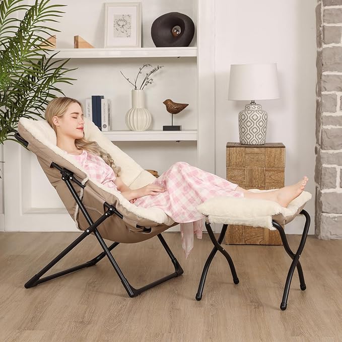Comfy Saucer Chair for Adults, Soft Faux Fur Bedroom Chair with Ottoman, Accent Dorm Chairs, Living Room Reading Chairs and Footstool, Folding Lounge Seat for Teens, X-Large, Beige