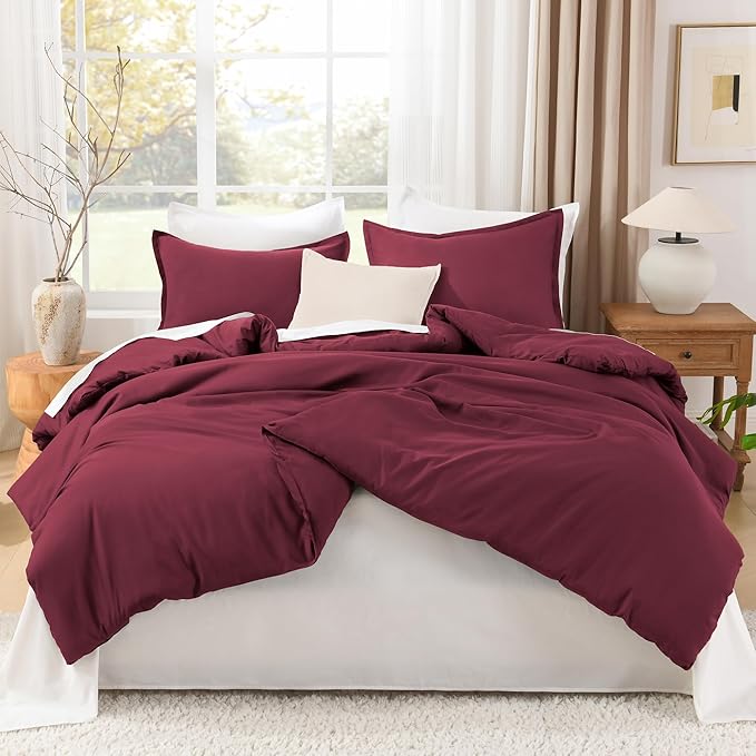 Litanika Comforter Set, Lightweight Solid Bedding Comforter Set, Fluffy Down Alternative Bed Set, Burgundy, California King