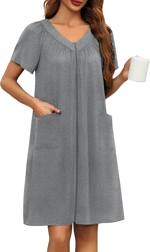 Ekouaer Women Robe Zipper Front Mumu Duster Robes Zip Up Housecoat Soft Sleepwear with Pockets