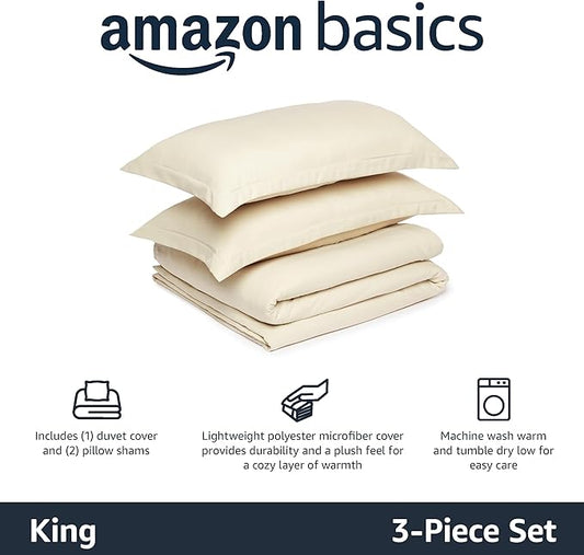 Amazon Basics Lightweight Microfiber 3-Piece Duvet Cover Set, Beige, Solid, King