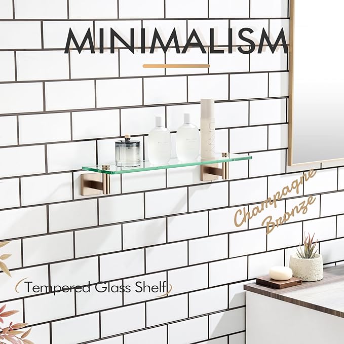 KOKOSIRI Wall Shelves Bathroom Hardware Glass Floating Shelf 20-Inch for Bedroom, Living Room, Kitchen, Hanging Rack Champagne Bronze B1105CPG-L20