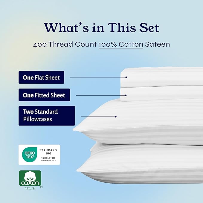 California Design Den Striped Full Size Bed Sheets Set - Soft 400 Thread Count Sateen, Natural 100% Cotton Sheets Set with Deep Pockets, Breathable, and Durable Bedding - Striped White CaliforniaDesignDen