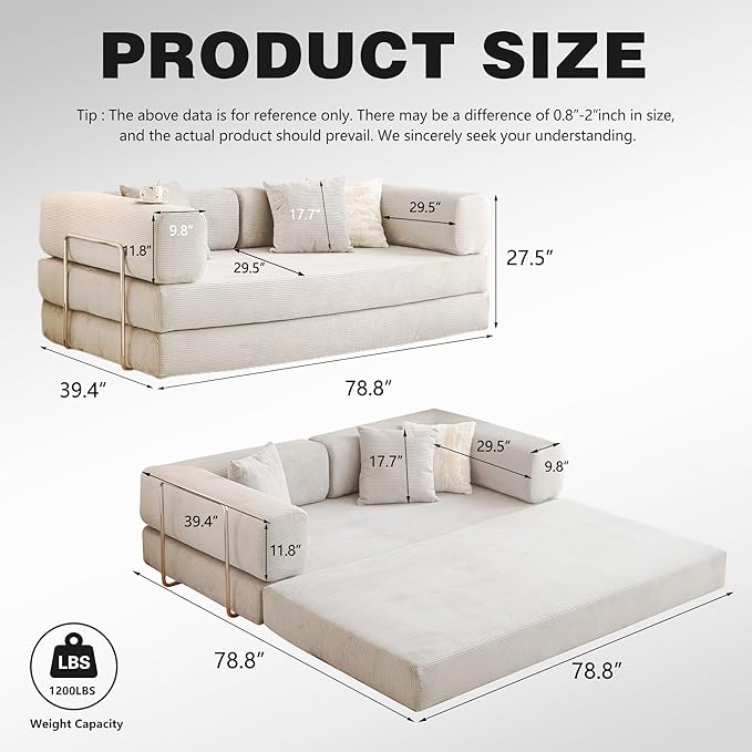 78.8" Convertible Sofa Bed -Compression Sofa with Corduroy Fabric - with Armrests and Backrest - Modular Sectional for Living Room, Bedroom, Studio - Compression Sofa in Box (Beige)