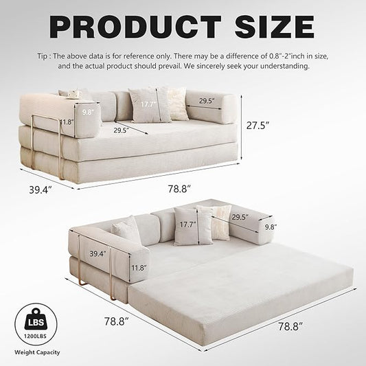 78.8" Convertible Sofa Bed -Compression Sofa with Corduroy Fabric - with Armrests and Backrest - Modular Sectional for Living Room, Bedroom, Studio - Compression Sofa in Box (Beige)
