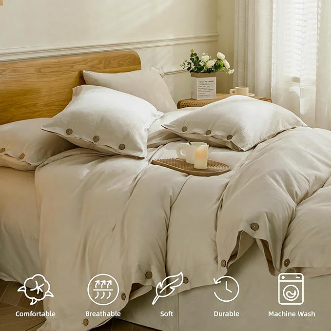 JELLYMONI Cotton Duvet Cover Queen Size - Light Khaki Comforter Cover with Button 100% Washed Cotton 3PCS Breathable Soft Solid Bedding Set Duvet Cover 90×90in & 2 Pillowcases (NO Comforter)