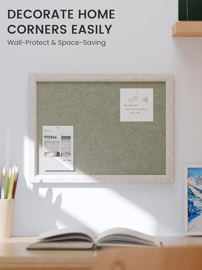 Felt Cork Board Alternative, Felt Bulletin Board 16" x 12" Oatmeal Frame with 8 Adhesive Tabs, Pin Board for Home Office, Classroom, Entryway, Kitchen Wall Decor—Sage
