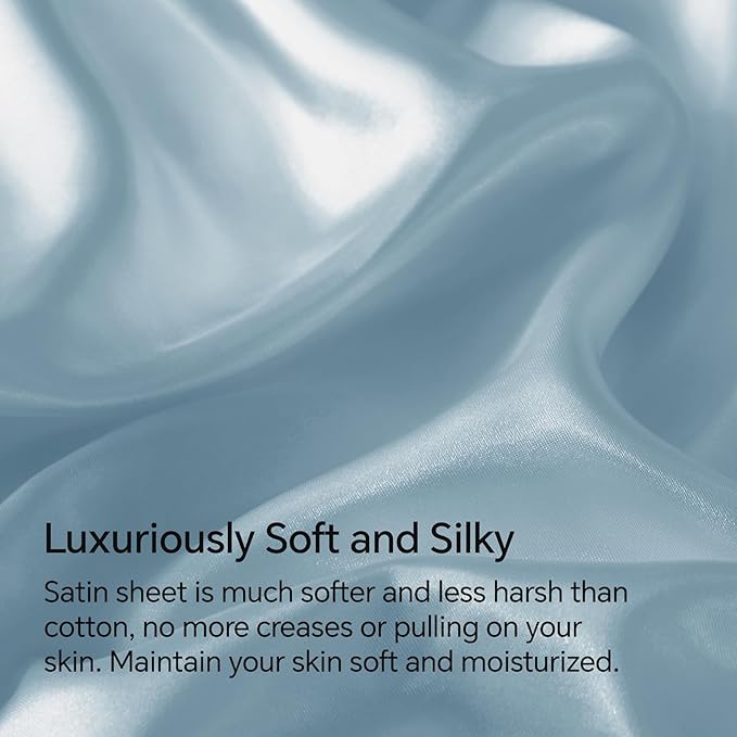 BEDELITE Satin Sheets Full Size Bed Set, Luxury Soft Light Blue Silky Sheet for Hair and Skin, Similar to Silk Bed Sheets Set 4 Pieces with 1 Deep Pocket Fitted Sheet, 1 Flat Sheet, and 2 Pillowcases