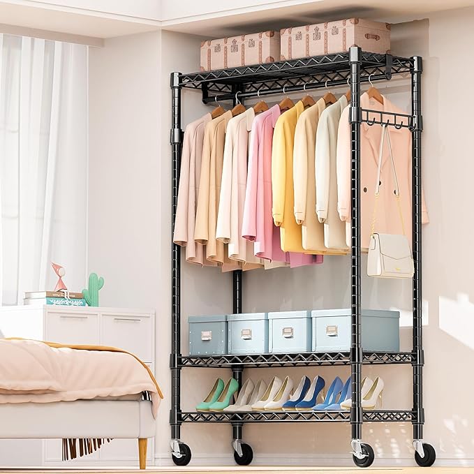 Heavy Duty Rolling Garment Rack 3 Tiers Adjustable Wire Shelving Clothes Rack with Rods and Side Hooks,Storage Closet Clothing Rack with Wheels Black 17.7" D x 47.2" W x 83.6" H