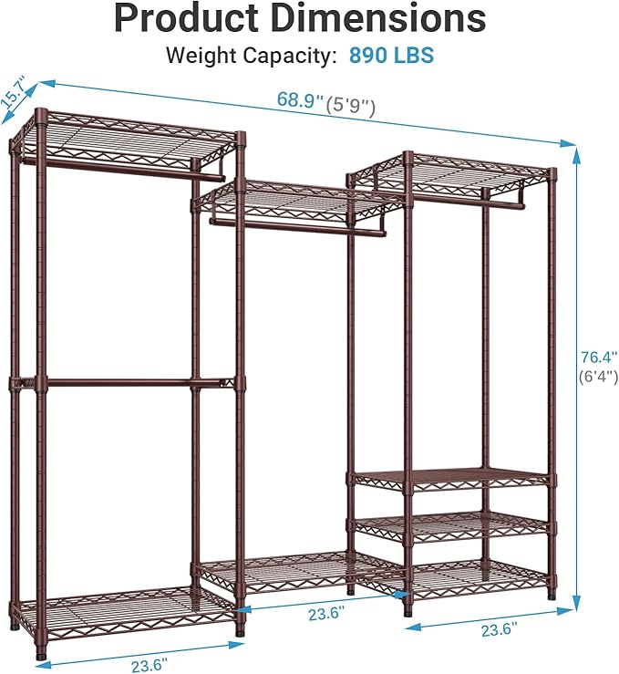 VIPEK V5 Portable Closet Wardrobe Heavy Duty Clothes Rack Metal Freestanding Clothing Racks, Adjustable Custom Closet Racks with 4 Hanging Rods & 8 Shelves, 68.9" Lx15.7 Wx76.4 H, Bronze