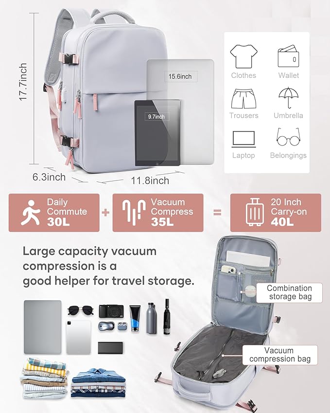 suwasp Vacuum Compression Backpack, 45L Expandable Travel Backpack with Electric Vacpack Pump, Travel Vacuum Bags with Shoe Compartment/17inch Laptop Compartment/USB Port, Grey
