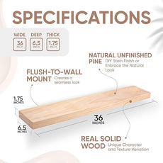 Homeforia 36 inch Wood Floating Shelves, High End Solid Natural Wood 36inch Large Floating Shelf Bathroom, Unfinished Wooden Floating Shelves for Wall, Heavy Duty Bracket, 36 X 6.5 X 1.75 in, Set of 2