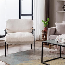 Mid-Century Accent Chair, Soft Armchair Sherpa Fabric Lounge Chair with Black Metal Legs, Upholstered Leisure Chair for Living Room Bedroom Reception Room, 1PC, White