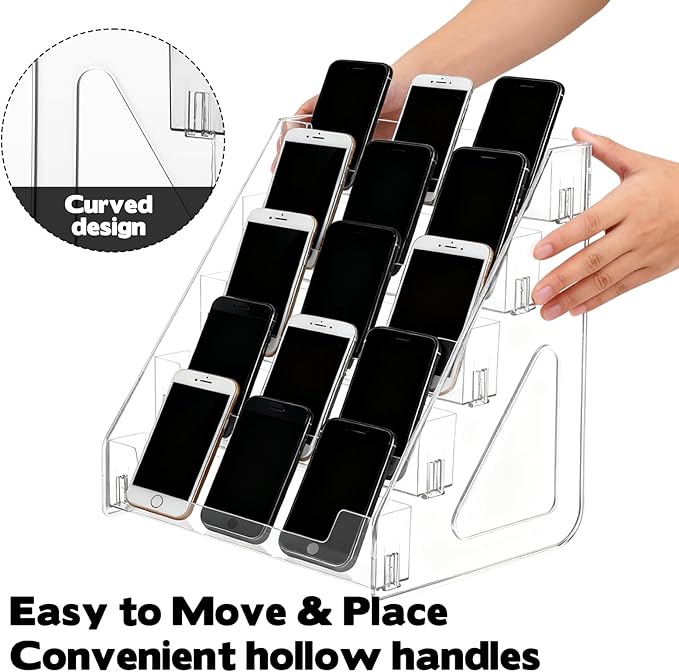 15-Grid Cell Phone Holder Desktop Organizer Clear Acrylic 5 Tier Classroom Cell Phone Storage Box Mobile Telephone Smartphone Case Organizer Table Top Drawer Tray for Office Boardroom School