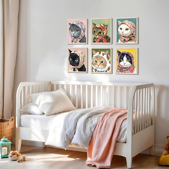 Funny Cat Poster Set of 6, Whimsical Babushka Cats Wall Art Eclectic Lover Cat Pictures Decor, Quirky Animal Pictures Canvas Painting Prints Aesthetic for Bedroom Living Room 8x10 inch Unframed
