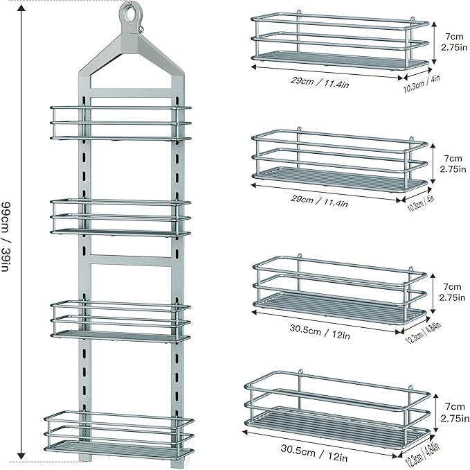 Orimade 4 Tier Adjustable Anti-slip Shower Caddy over Shower Head,Rustproof Bathroom Hanging shower Organizer with 4 Hooks for Razor,No Drilling Shower shelves Storage Rack, Light Grey