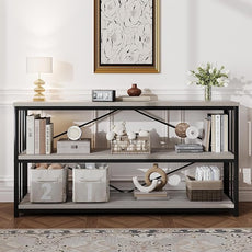 HSH Long Bookshelf, Large Wood Wide Grey Horizontal Book Shelf Under Window, Modern Open Etagere Bookcase for Bedroom Living Room, Industrial Wooden Metal Display Bookshelves for Home Office, 63 Inch