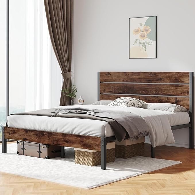 Queen Bed with Headboard and Footboard, with Under Bed Storage, All-Metal Support System, No Box Spring Needed, Easy Assembly,Retro Brown