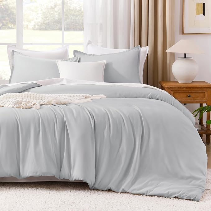 Litanika Comforter Set, Lightweight Solid Bedding Comforter Set, Fluffy Down Alternative Bed Set, Light Grey, Super King