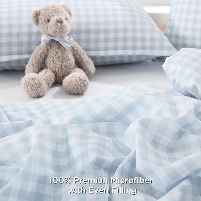 Andency Light Blue Gingham Comforter Set Queen(90x90Inch), Checkered Grid Plaid Buffalo Bed Set for Girls Boys Kids Teens, 3 Pieces Lightweight Microfiber Geometric Preppy Bedding