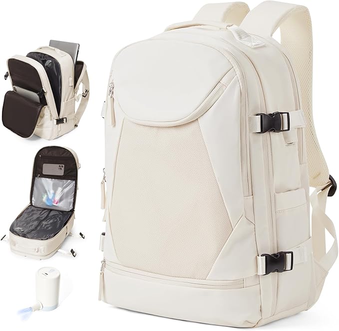 Vacuum Backpack Travel with Pump, Expandable Travel Backpack with Vacuum System, Vacuum Compression Bags Personal Item Carry On Suitcase Luggage Flight Approved Backpacks for Women Men, Beige