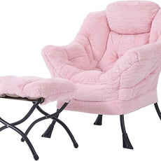 Tiita Lazy Chair with Ottoman, Modern Large Accent Lounge Armchair, Comfy Leisure Sofa Reading Chair with Footrest for Bedroom, Living Room, Dorm Rooms, Garden and Courtyard, Plush Pink