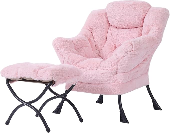 Tiita Lazy Chair with Ottoman, Modern Large Accent Lounge Armchair, Comfy Leisure Sofa Reading Chair with Footrest for Bedroom, Living Room, Dorm Rooms, Garden and Courtyard, Plush Pink