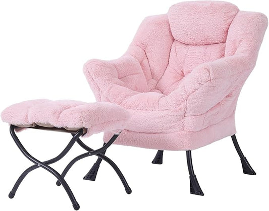 Tiita Lazy Chair with Ottoman, Modern Large Accent Lounge Armchair, Comfy Leisure Sofa Reading Chair with Footrest for Bedroom, Living Room, Dorm Rooms, Garden and Courtyard, Plush Pink