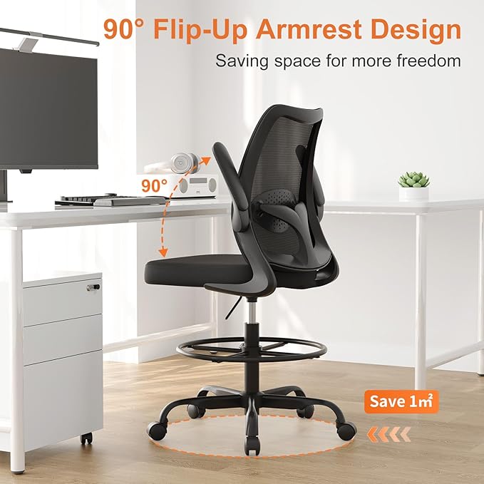 Drafting Chair,Tall Office Chair with Adjustable Footrest Ring,Lumbar Support,Ergonomic High Desk Seat,Flip-Up Armrests,Breathable Mesh Standing Stool for Home Office,Black