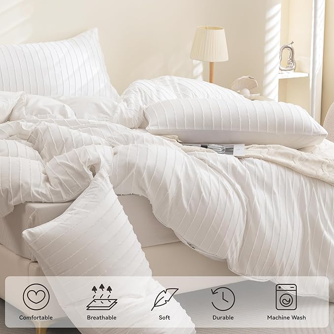 JELLYMONI Duvet Cover King Size White - 3PCS Boho Striped Duvet Cover Set Polyester Tufted Bohemian Textured Comforter Cover 104×90in with Corner Ties & Zipper and 2 Pillowcases