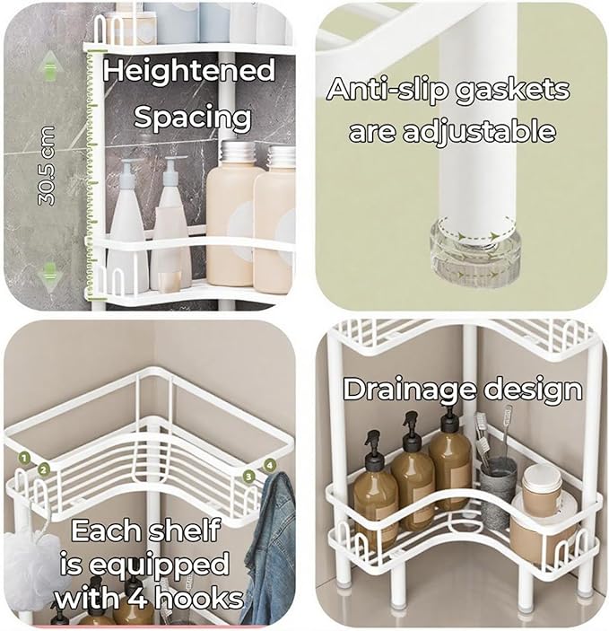 Free Standing 3 Tier Shower Caddy with 4 Hooks on Each Shelf Waterproof Corner Organizer Corner for Bathroom Kitchen Large Capacity Shower Rack(White)