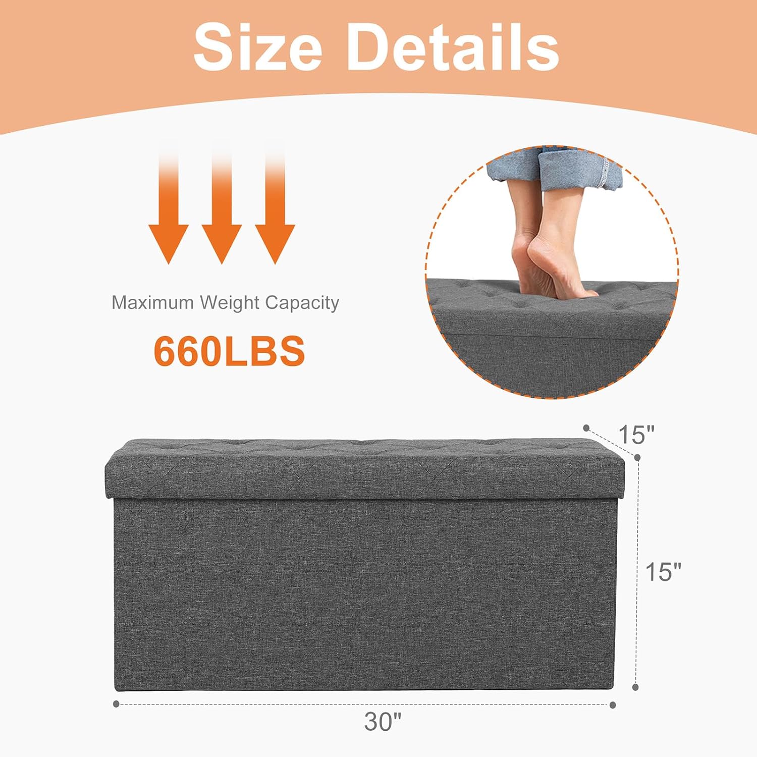 DUMOS 30in Foldable Storage Ottoman Bench, Storage Chest, End of Bed Foot Rest Stool with Padded Seat, Bedroom Bench for Living Room, Bedroom, Support 660lbs, Grey Dormly