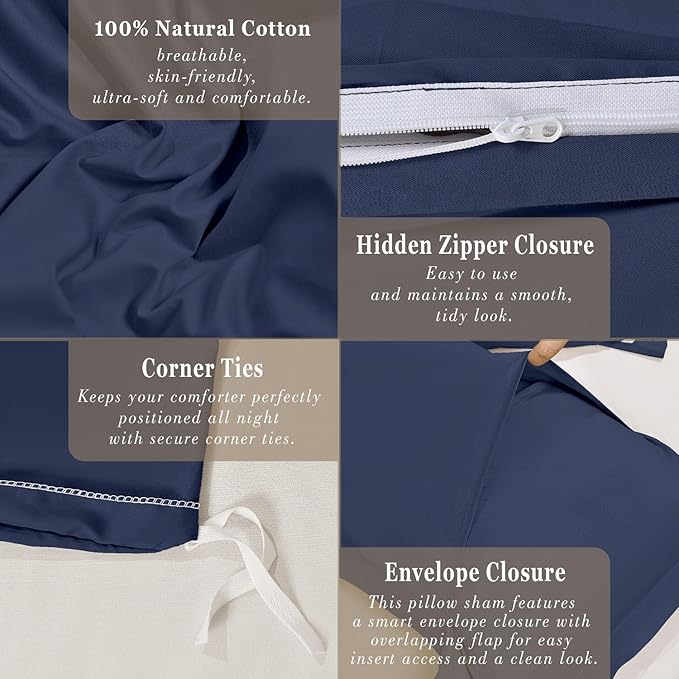 100-Percent Cotton Duvet Cover Set, Hidden Zipper Closure, Ultra Soft, Easy Care and Durable, Simple Bedding Style, Queen, Navy (Comforter Not Included)