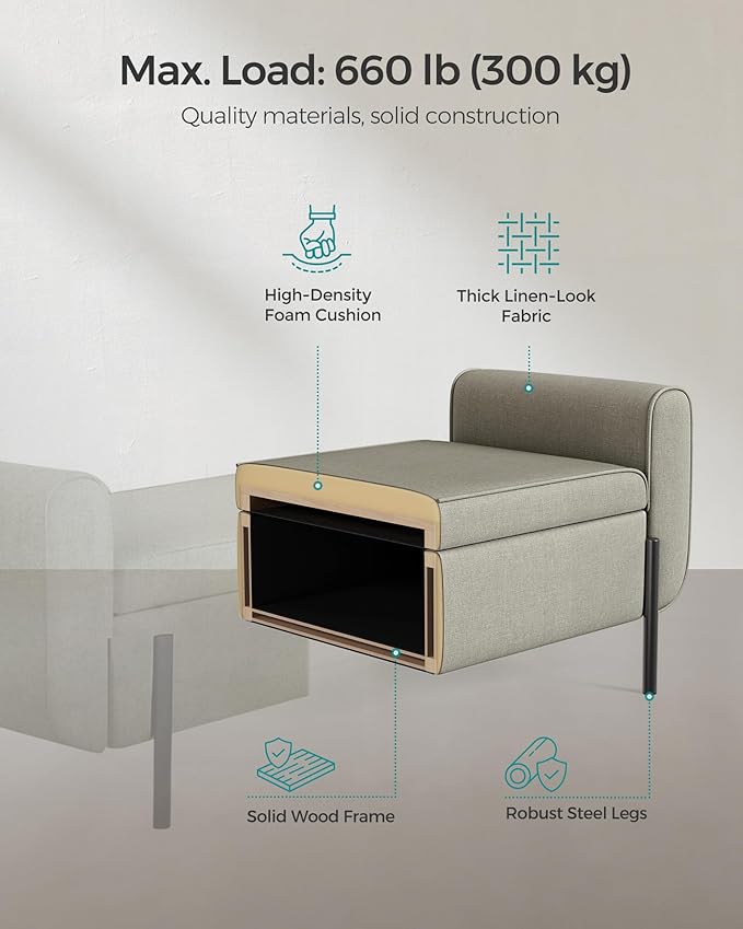 SONGMICS Storage Bench with Armrests, Ottoman with Storage for Living Room, Storage Ottoman Bench for Bedroom, Entryway, Living Room, Steel Legs, Camel Brown ULOM072K03