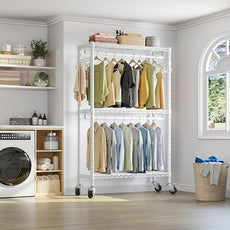 VIPEK R2 Heavy Duty Rolling Garment Rack 3 Tiers Adjustable Clothes Racks with Double Rods & Hooks, Freestanding Wardrobe Closet Storage Rack Metal Clothing Racks for Hanging Clothes, White
