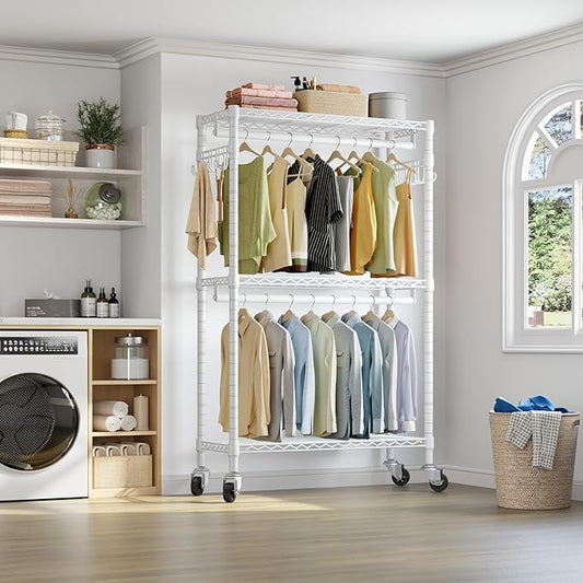 VIPEK R2 Heavy Duty Rolling Garment Rack 3 Tiers Adjustable Clothes Racks with Double Rods & Hooks, Freestanding Wardrobe Closet Storage Rack Metal Clothing Racks for Hanging Clothes, White