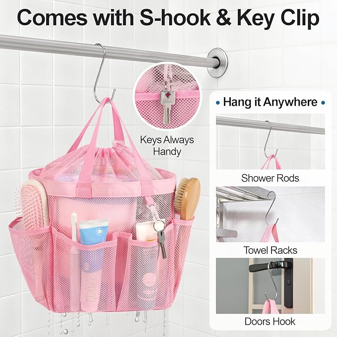 F-color Mesh Shower Caddy Portable with Drawstring - Upgrade Deeper 7 Pockets Dorm Room Essentials for Guys Girls with S Hook, Shower Bag Basket Tote for College Camping Toiletry Bathroom, Pink