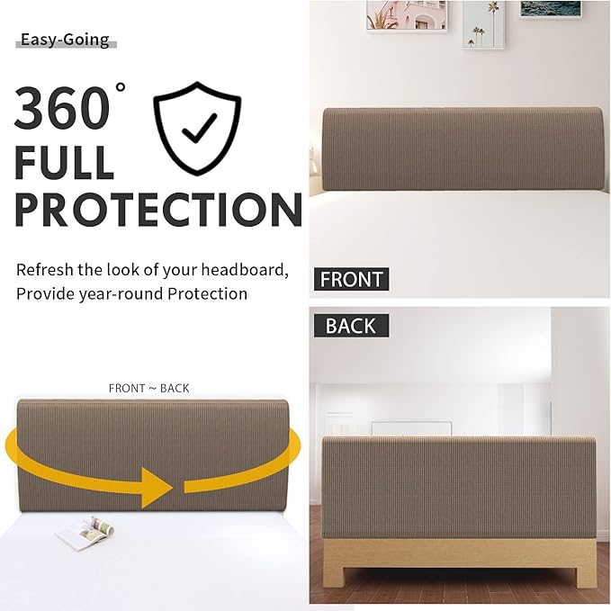 Easy-Going Stretch Bed Headboard Cover,Small Square Jacquard Headboard Slipcover, Dustproof Bed Head Cover for Bedroom (King,Camel)