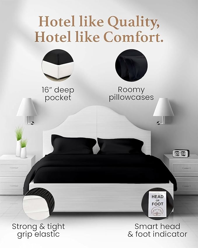 Good Sleep Bedding Twin Sheets - 100% Egyptian Cotton Twin Sheet Set, 3Pc, 1000 TC, Sateen Weave, Hotel Quality Sheets, Twin Size Bed Set, Soft, 16" Deep Pocket - Black GoodSleepBedding