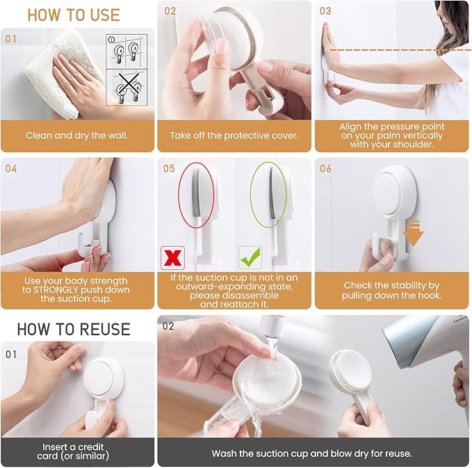 LEVERLOC Heavy Duty Suction Cup Shower Hooks 4 Pack, Damage-Free Shower Hangers for Inside Bathroom Wall, Powerful Vacuum Suction Towel Hooks, Loofah Holders, Easy to Install and Remove, White